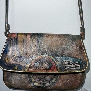 Jane Yoo vintage hand painted Artistic Leather Crossbody Bag